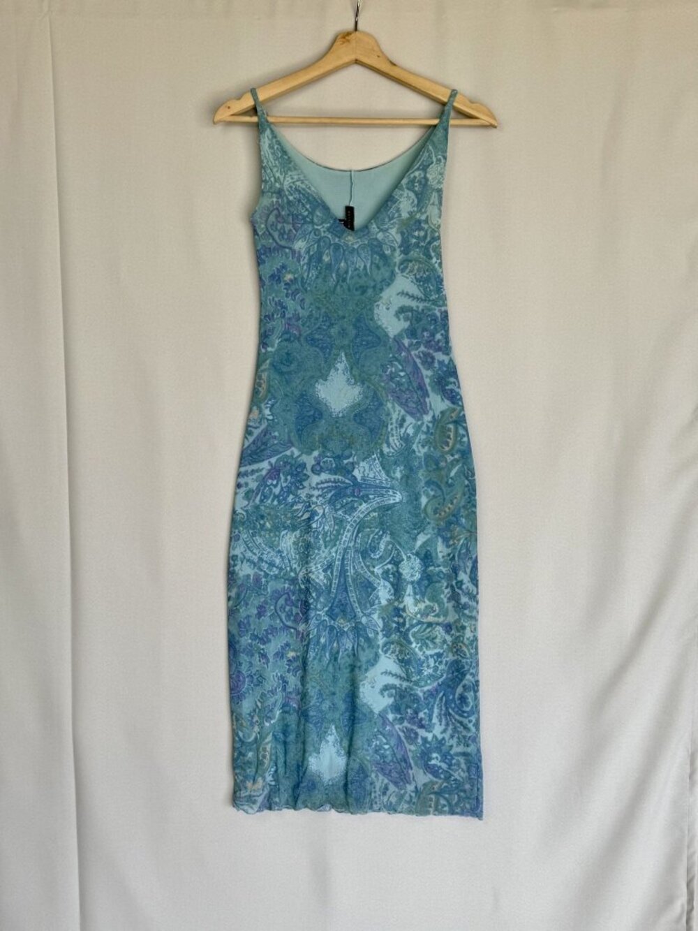 90s Vintage Weston Wear Aqua Blue Filigree Print Thin Strap Midi Dress Medium